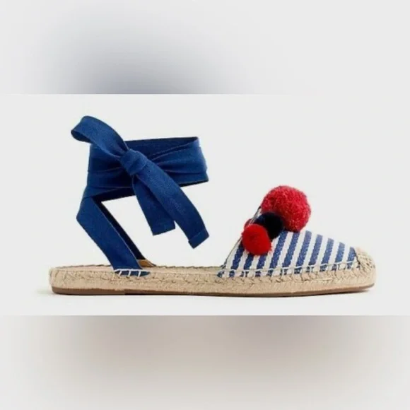 J. Crew Blue stripe & Red pompom Espadrille Sandals with Ribbon Ties - Picture 2 of 11